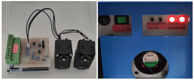 △（左）屏蔽罩和电机，（右）电源插座、电源开关、电机启动按钮、电机重置按钮、开发板状态 LED、电机状态 LED