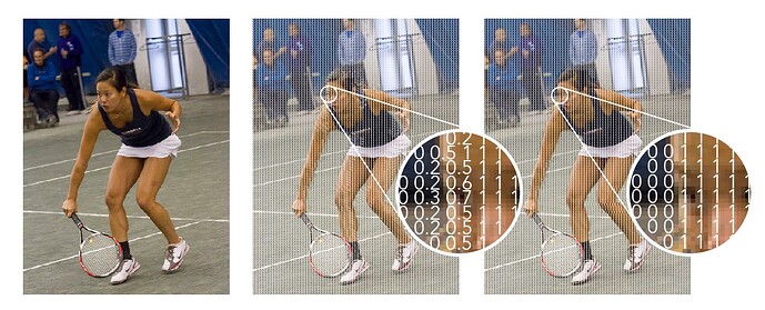 应用于图像的人物分割算法的数据表示示例。从左到右依次为：输入图像、网络在使用 sigmoid 函数后作出的分割预测，以及使用阈值后的二进制分割